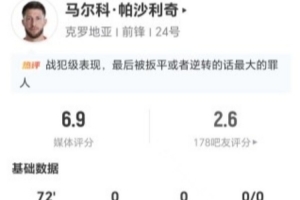 低迷表现！帕沙利奇此役2射2失+1越位+15次丢球权 15次对抗8次成功