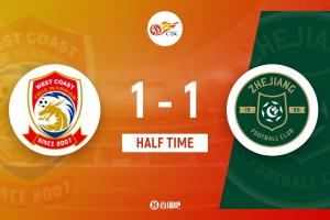 西海岸半场1-1战平浙江 张瑷晖头球中超首球 彭欣力扳平比分